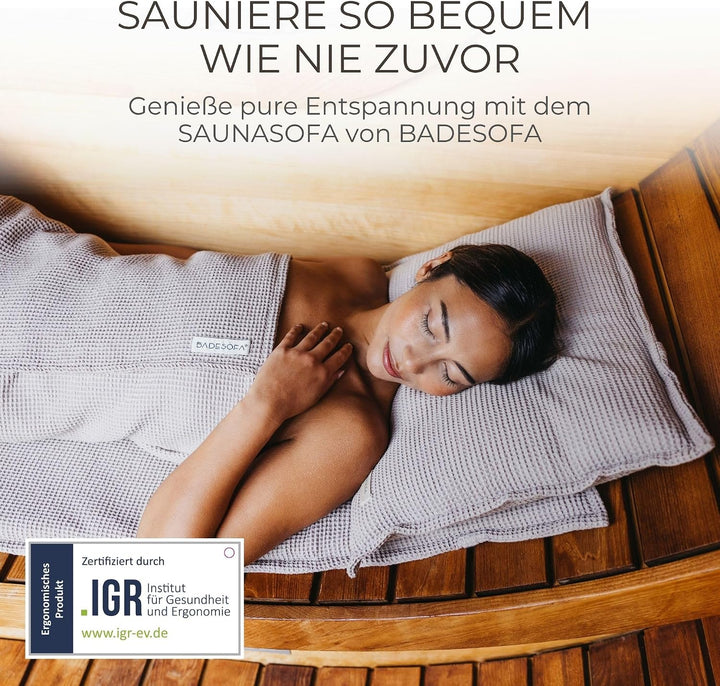 SAUNASOFA® von BADESOFA® | Extra bequeme Sauna-Matte mit Kissen | Einfacher Transport dank Tragegurt