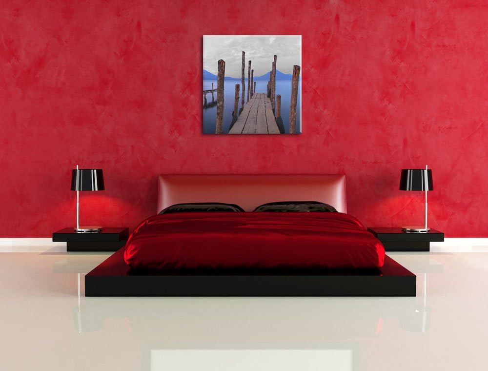 Pixxprint Verschiedene Holzstege am Seeufer schwarz/weiss als Leinwandbild Quadratisch/Grösse: 70x70
