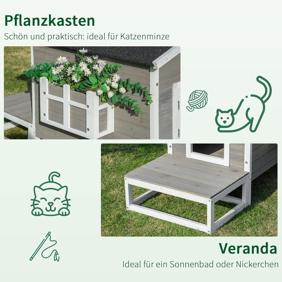 PawHut Katzenhaus aus Holz Winterfest wasserdicht Katzenhütte mit Asphaltdach Terrasse Katzenhöhle K