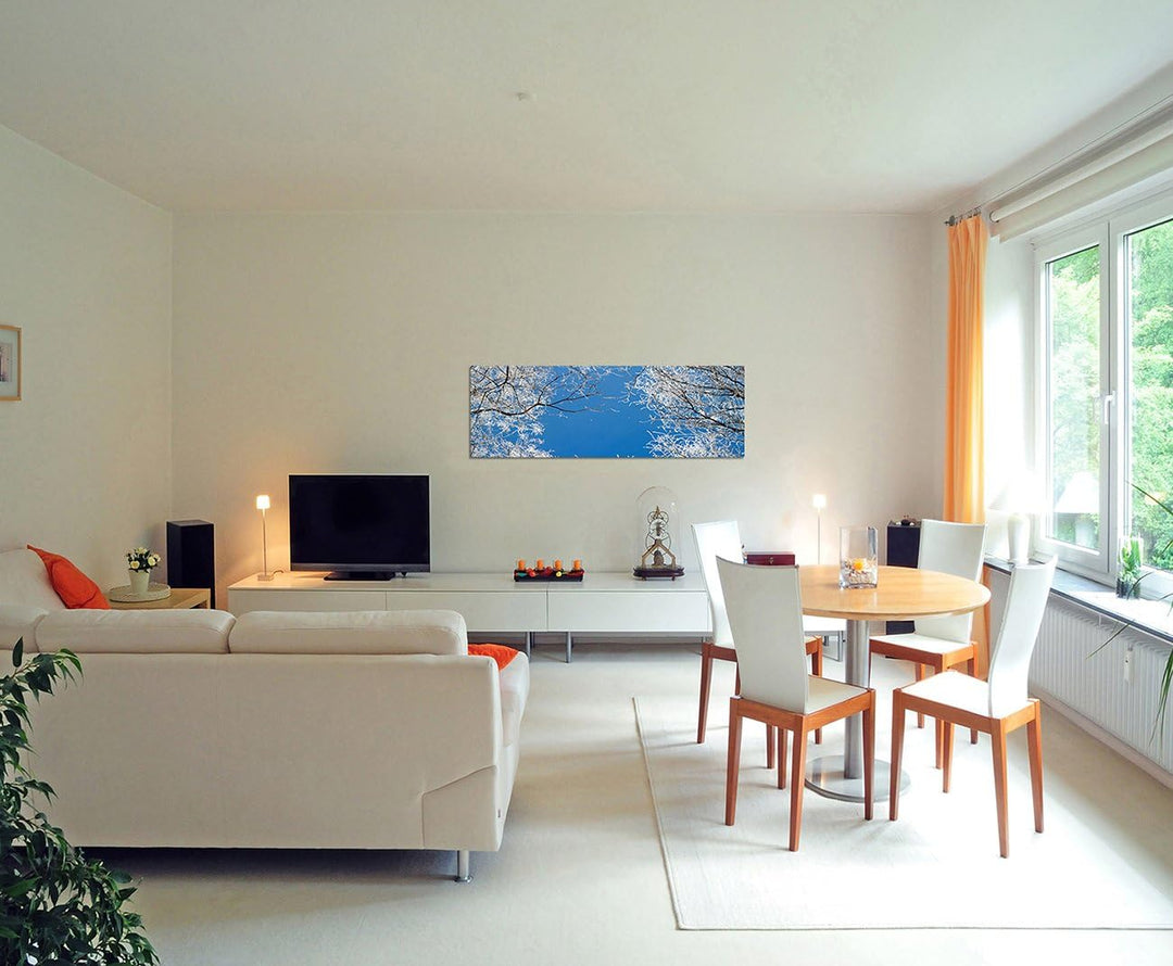 Paul Sinus Art Panoramabild auf Leinwand und Keilrahmen 150x50cm Winter Baumkronen Frost EIS Himmel