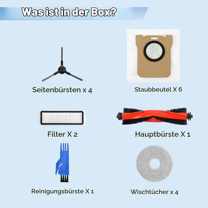 Zubehör Ersatz Kompatibel für Xiaomi X20 Pro, X20 Max Saugroboter | 1 Hauptbürste, 2 Filter, 4 Seite