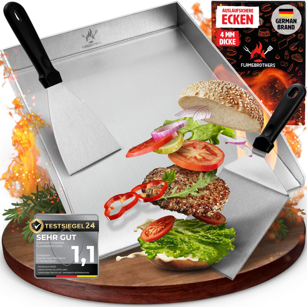 Plancha Grillplatte - All In Grillzubehör Set mit Grillspachtel & Grillschaber - 4mm rostfreier Edel