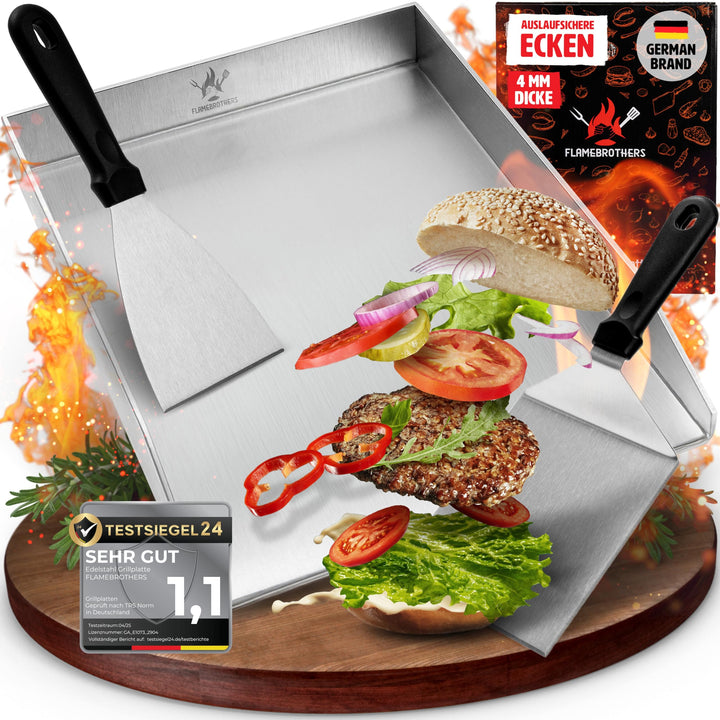 Plancha Grillplatte - All In Grillzubehör Set mit Grillspachtel & Grillschaber - 4mm rostfreier Edel