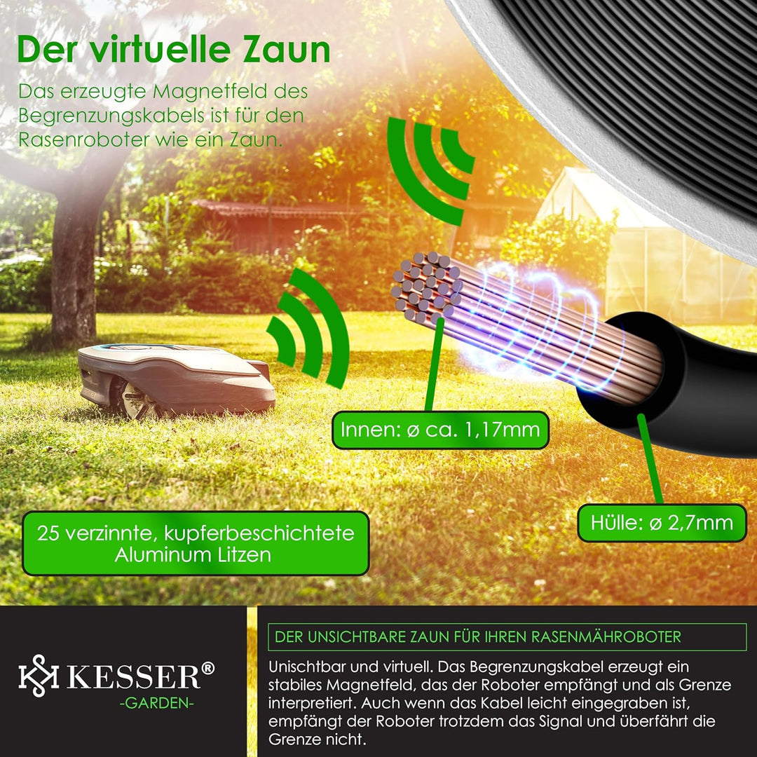 KESSER® Begrenzungskabel 50m + 200 Erdspiesse + 12 Kabelverbinder für Mähroboter Rasenmäher Rasenrob