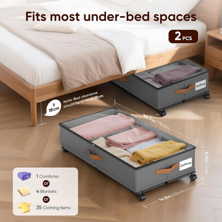 2 Stück Unterbettkommode mit Rollen, Unterbett Aufbewahrungsbox mit Deckel, 360° Drehung, Gross 48L