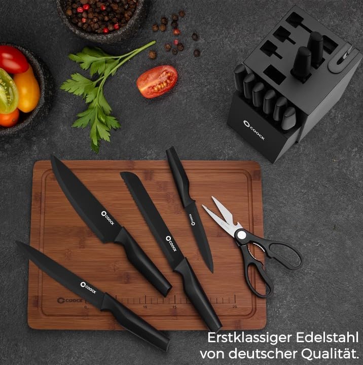 Messerset 15-teilig mit Messerblock, Faltbarem Schneidebrett & Messerschärfer – Premium Edelstahl Kü