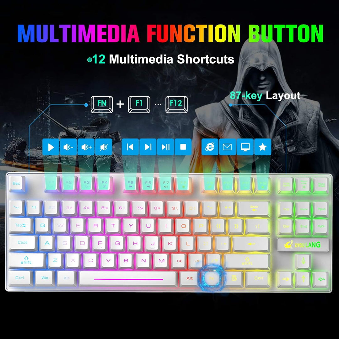 Kabellose Gaming-Tastatur und Maus, 87 Tasten, Regenbogen-LED-Hintergrundbeleuchtung, wiederaufladba