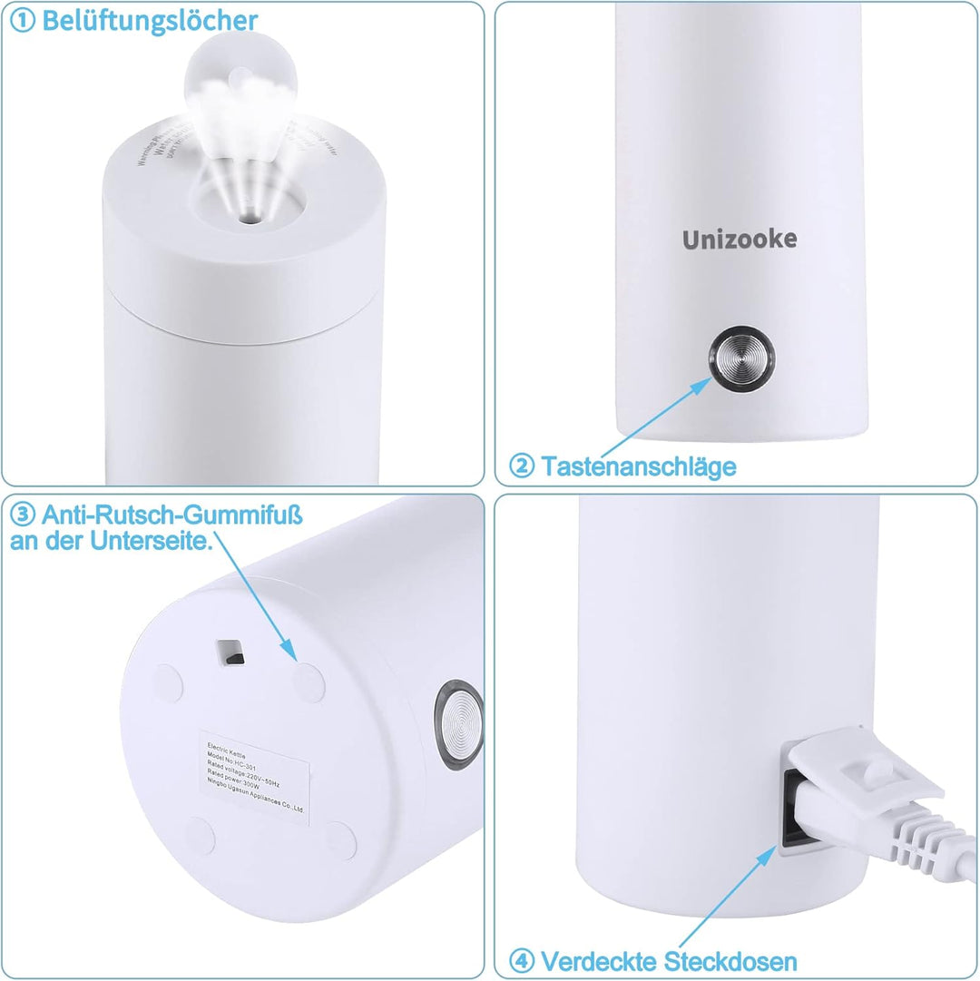 Unizooke Tragbarer Mini-Heizbecher,400ml ,220V Reise-Elektrisch-Wasserkocher,300W Vakuum,Für Milch,