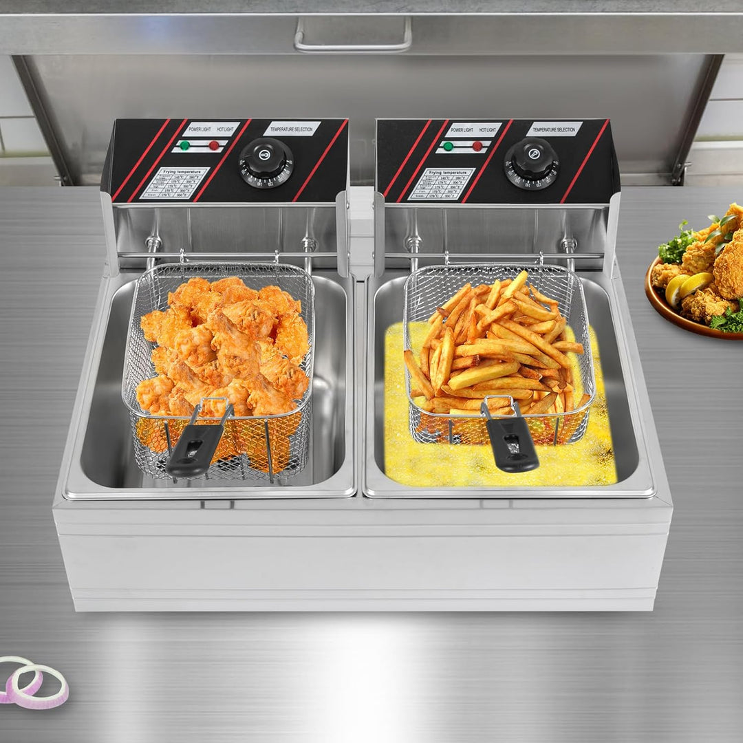Friteuse Edelstahl 12L, 2.5KW+2.5KW Doppelfriteuse mit 4 Tubi Flessibili, Friteuse Öl mit Fettablauf
