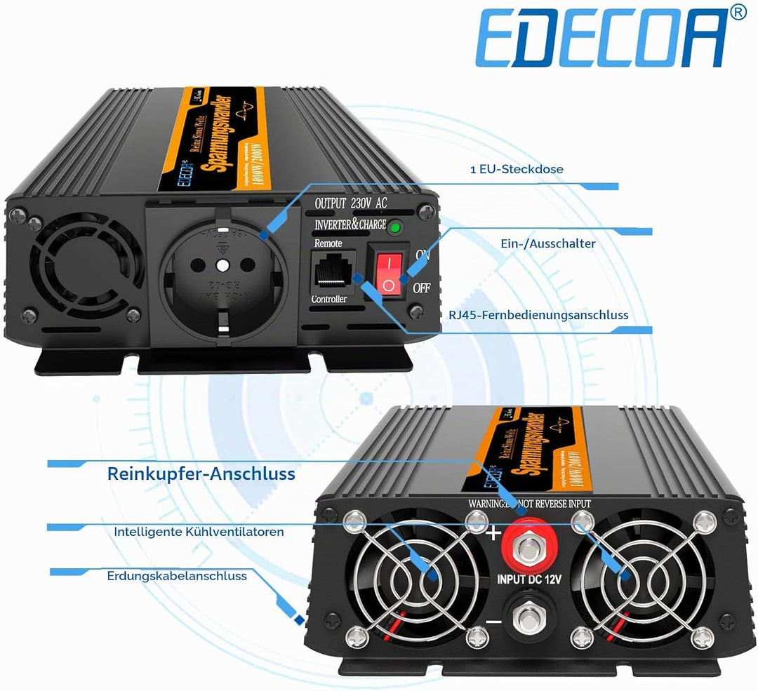 EDECOA Wechselrichter Reiner Sinus 12v 230v Spannungswandler 1000w 2X USB und Fernbedienung Auto wec