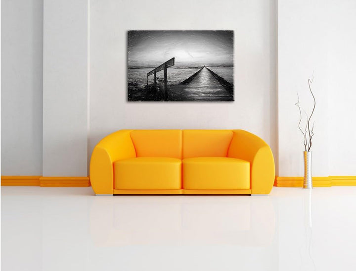 Pixxprint Langer Steg an der Nordsee / 100x70cm Leinwandbild bespannt auf Holzrahmen/Wandbild Kunstd
