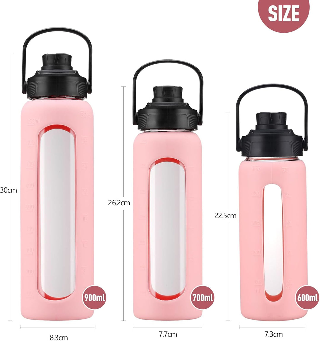 BLUEGO 900ml Glaswasserflasche mit Strohhalm und 2 Deckeln Kaffeetasse aus Glas mit Zeitmarkierung u