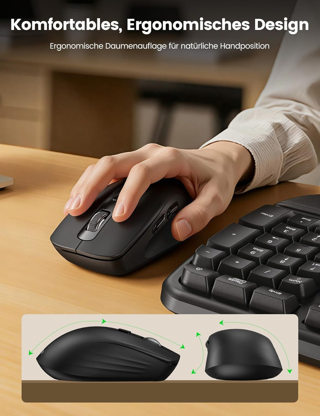 Tastatur Maus Set Kabellos, 2,4GHz Wave Tasten in Voller Grösse, Ergonomische Tastatur mit Gepolster