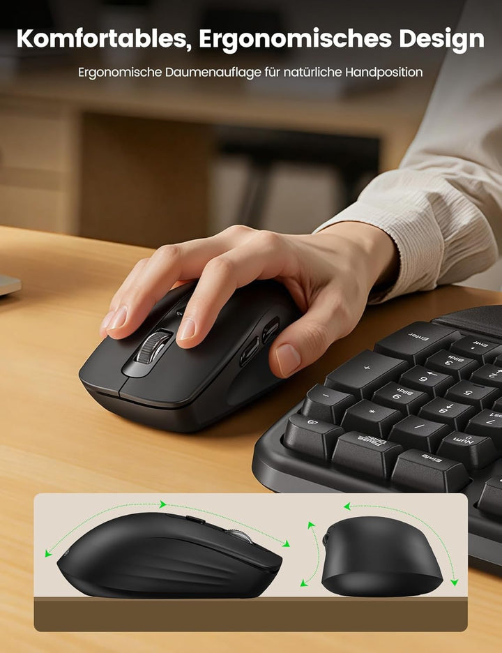 Tastatur Maus Set Kabellos, 2,4GHz Wave Tasten in Voller Grösse, Ergonomische Tastatur mit Gepolster