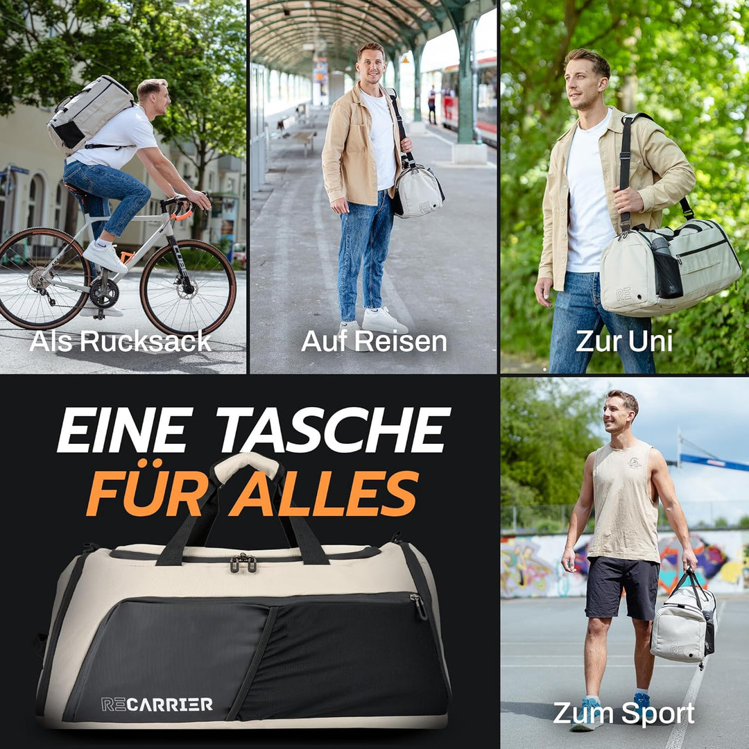Sporttasche [RECYCELTES PET] 50L –Gym Bag und Rucksack in Einem –wasserdichte Trainingstasche Herren