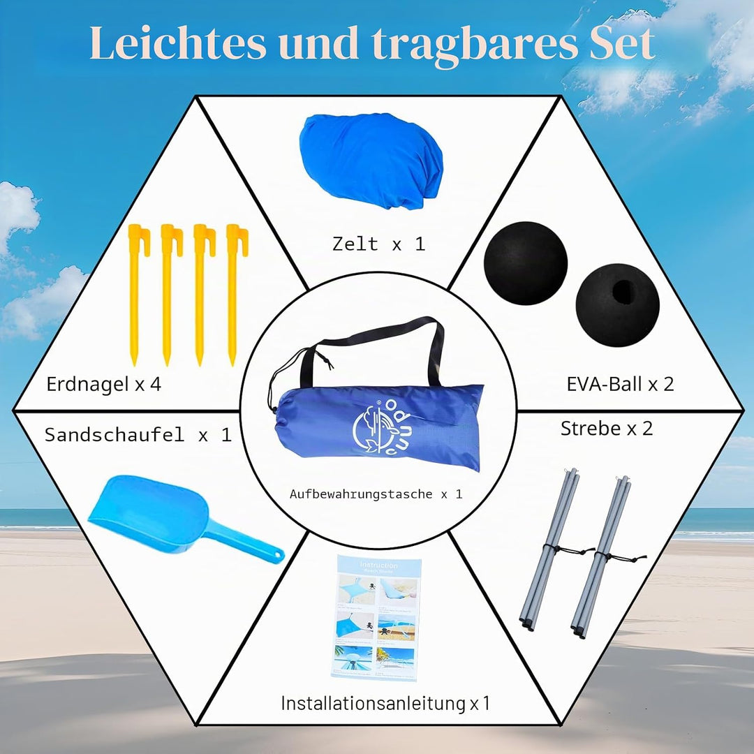 Strandzelt 2x2.1 m Pop-Up LSF 50 Sonnenschutz, Anti-Wind Strandmuschel mit Eisen Stabilitätsstangen