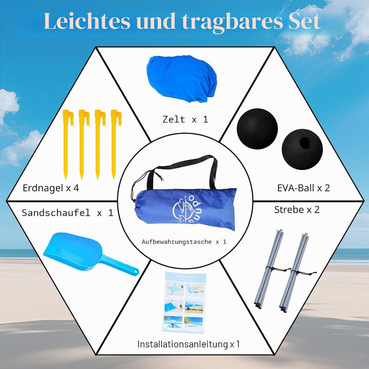 Strandzelt 2x2.1 m Pop-Up LSF 50 Sonnenschutz, Anti-Wind Strandmuschel mit Eisen Stabilitätsstangen