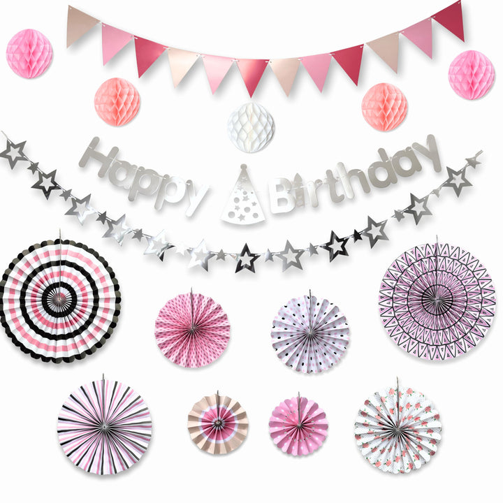 Geburtstagsdeko Set Rosa 16-teilig – Papierfächer Wabenbälle Wimpelkette Happy Birthday Girlande Ste