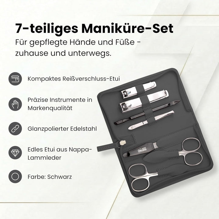 Maniküre Set 7-teilig – Reissverschluss-Etui mit Instrumenten aus Edelstahl & Karbonstahl – Maniküre