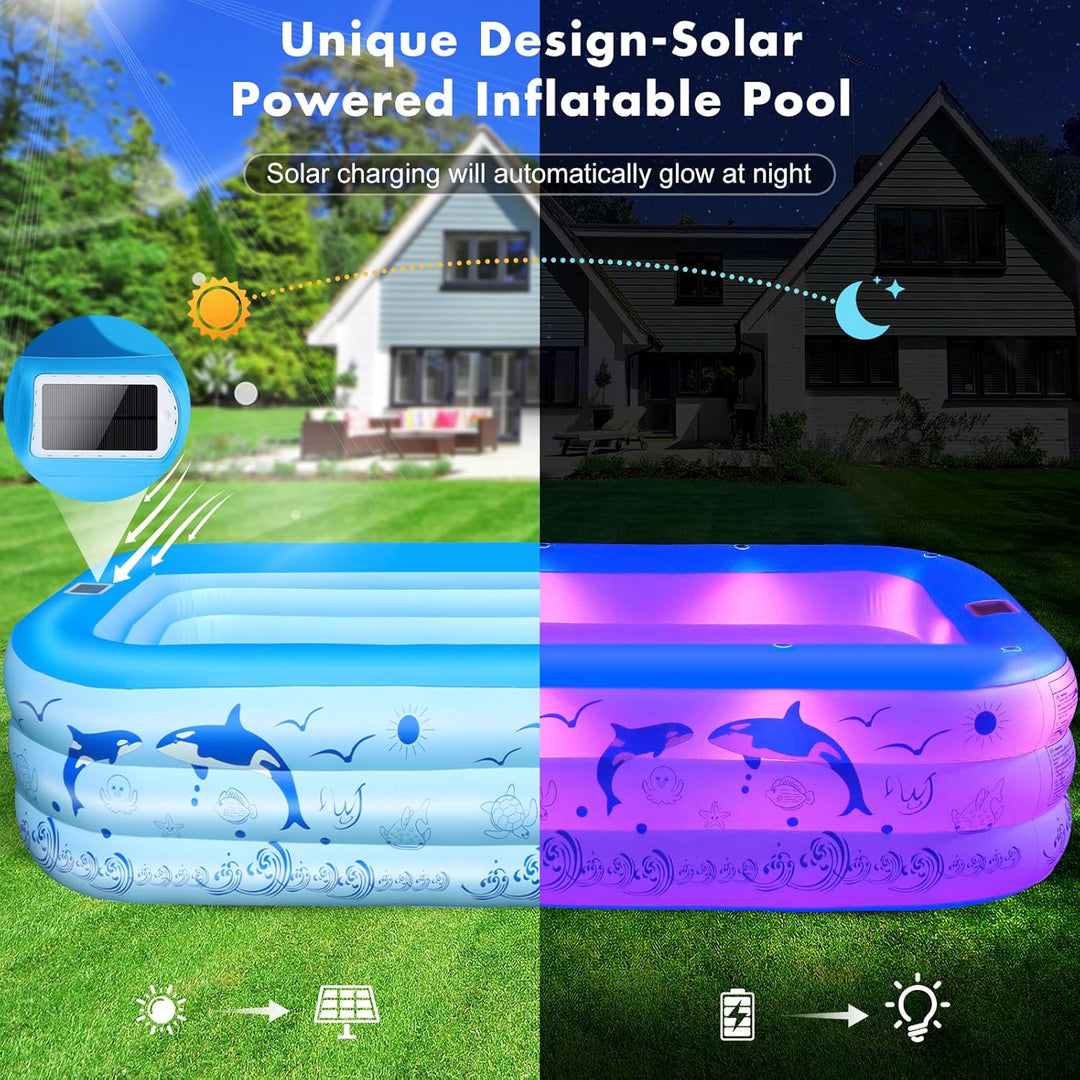 LanOcean Aufblasbarer Pool Erwachsene mit Lichter, Solar Swimmingpool Kinder mit 12 Beleuchtungmodi,