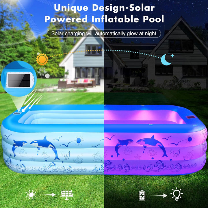 LanOcean Aufblasbarer Pool Erwachsene mit Lichter, Solar Swimmingpool Kinder mit 12 Beleuchtungmodi,