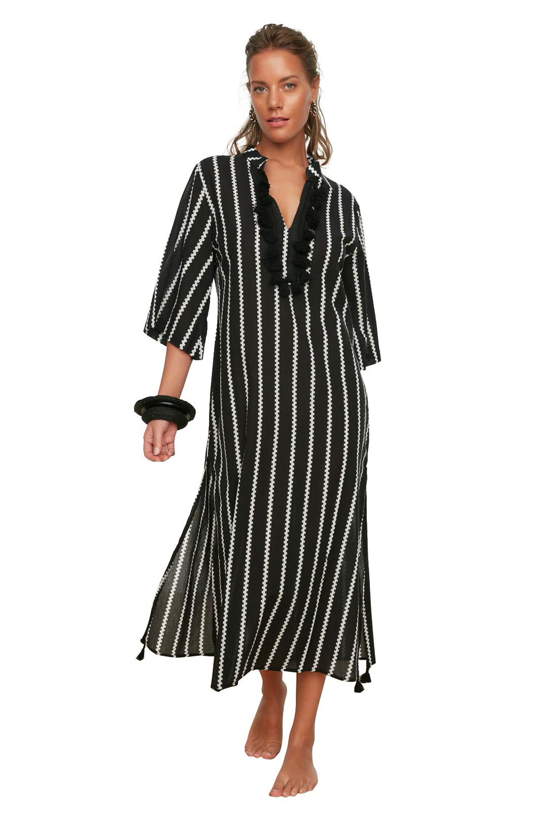 TRENDYOL Damen Gestreifter Quaste detaillierter Voile Kimono & Kaftan S Schwarz, S Schwarz
