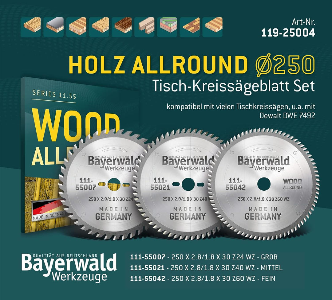 Bayerwald Kreissägeblatt Set Ø250 (3 tlg.) - für Holz Längs &amp; Querschnitte Allround - geeignet für T