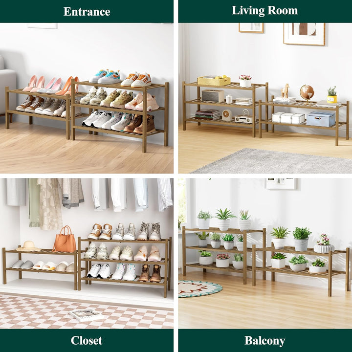 smiry Schuhregal aus Bambus, Schuhregal Platzsparend mit 2 Ebenen, Erweiterbar Stapelbar Shoe Rack,