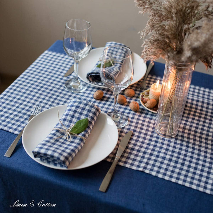 Linen &amp; Cotton Tischläufer Stoff Tischdekoration Tischwäsche Estella - 100% Leinen, Weiss Weiss Blau