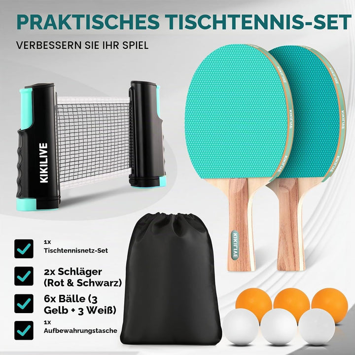 Tischtennis Set mit ausziehbarem Netz, 2 Schlägern, 6 Bällen und Tragetasche – das tragbare Set für