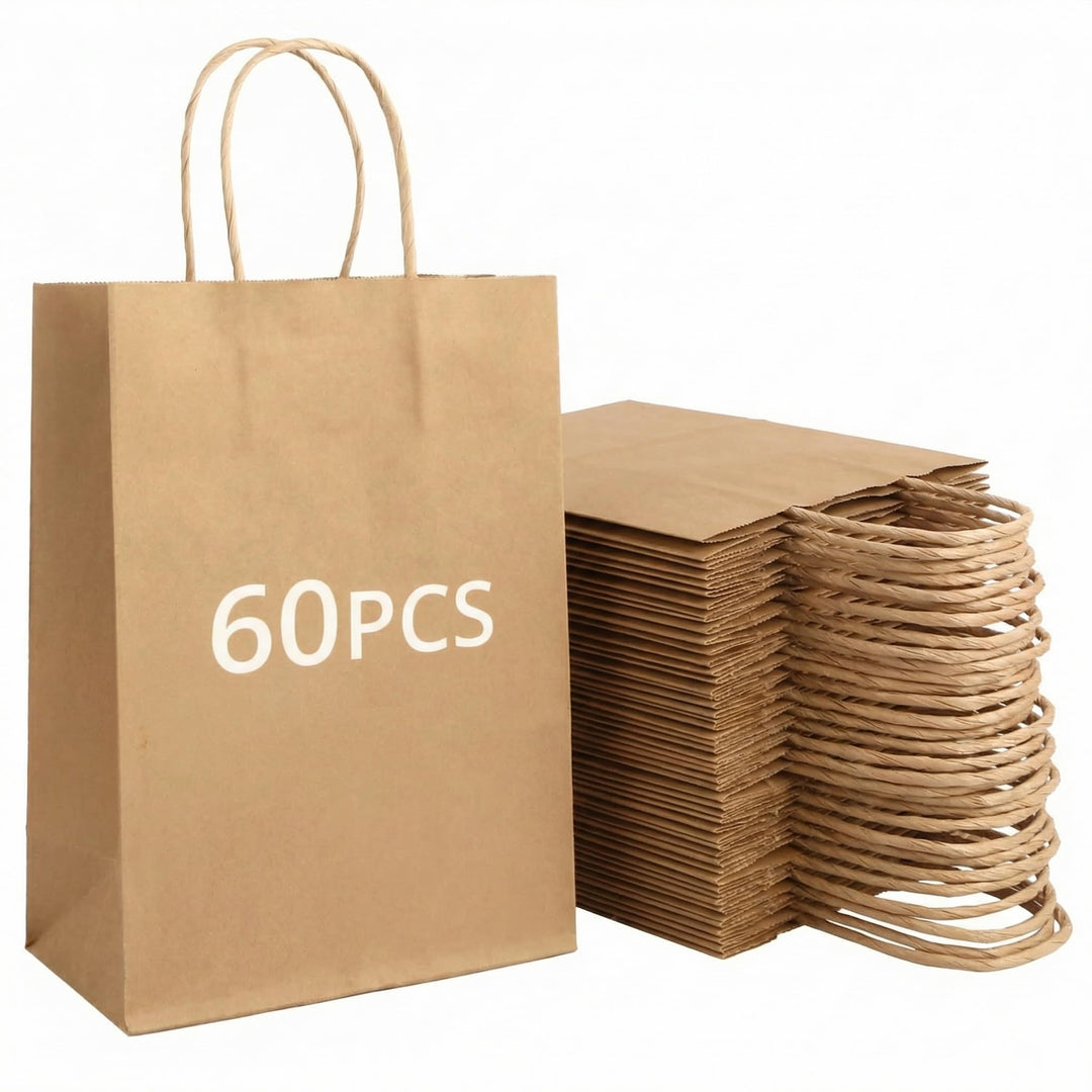 QWORK® 60 Stück Braun Geschenktüten aus Papier mit Griffen, kraftpapier tüten, 15 x 8 x 21 cm, für P