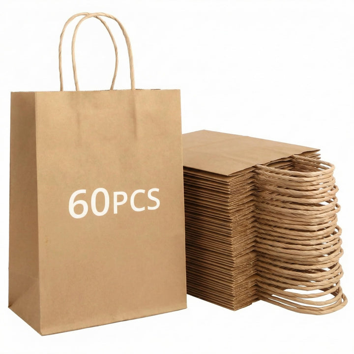 QWORK® 60 Stück Braun Geschenktüten aus Papier mit Griffen, kraftpapier tüten, 15 x 8 x 21 cm, für P