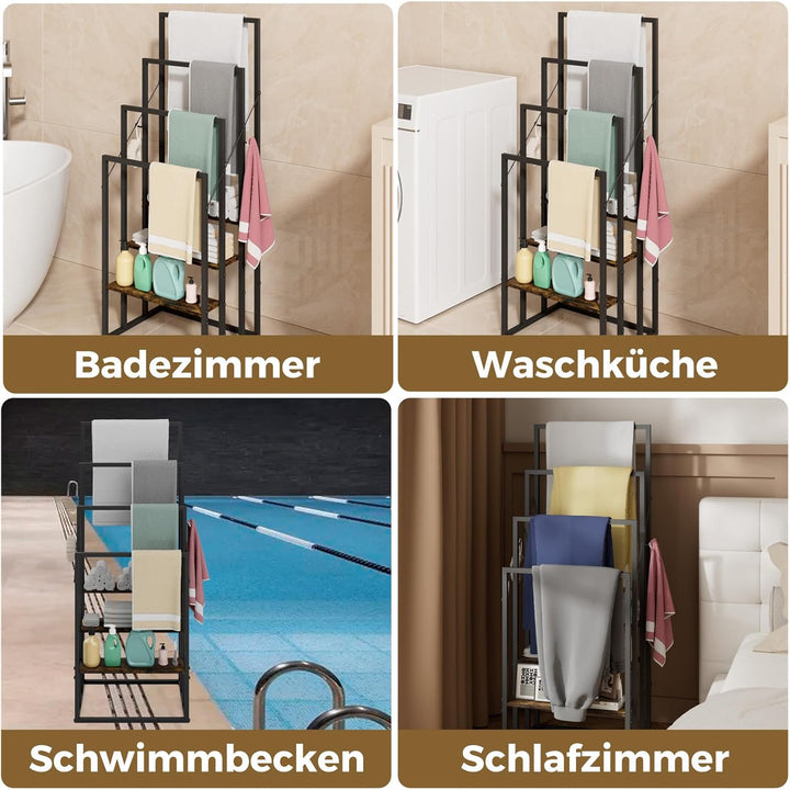 Handtuchständer, Handtuchhalter Stehend mit 4 Handtuchstangen, 3 Ablagen, 2 Haken, Freistehender Bad