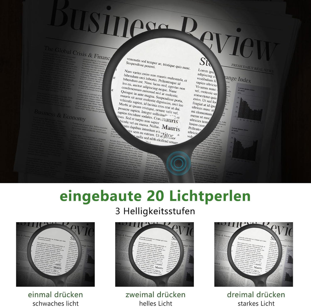 Lupe mit Licht,Leselupe mit Licht für Senioren Gross,3 Lichtmodi USB Wiederaufladbar,Beleuchtete Lup