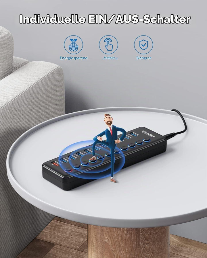 Powered USB Hub, Wenter 11-Port USB Splitter Hub (10 Faster Data Transfer Ports+ 1 Smart Charging Po
