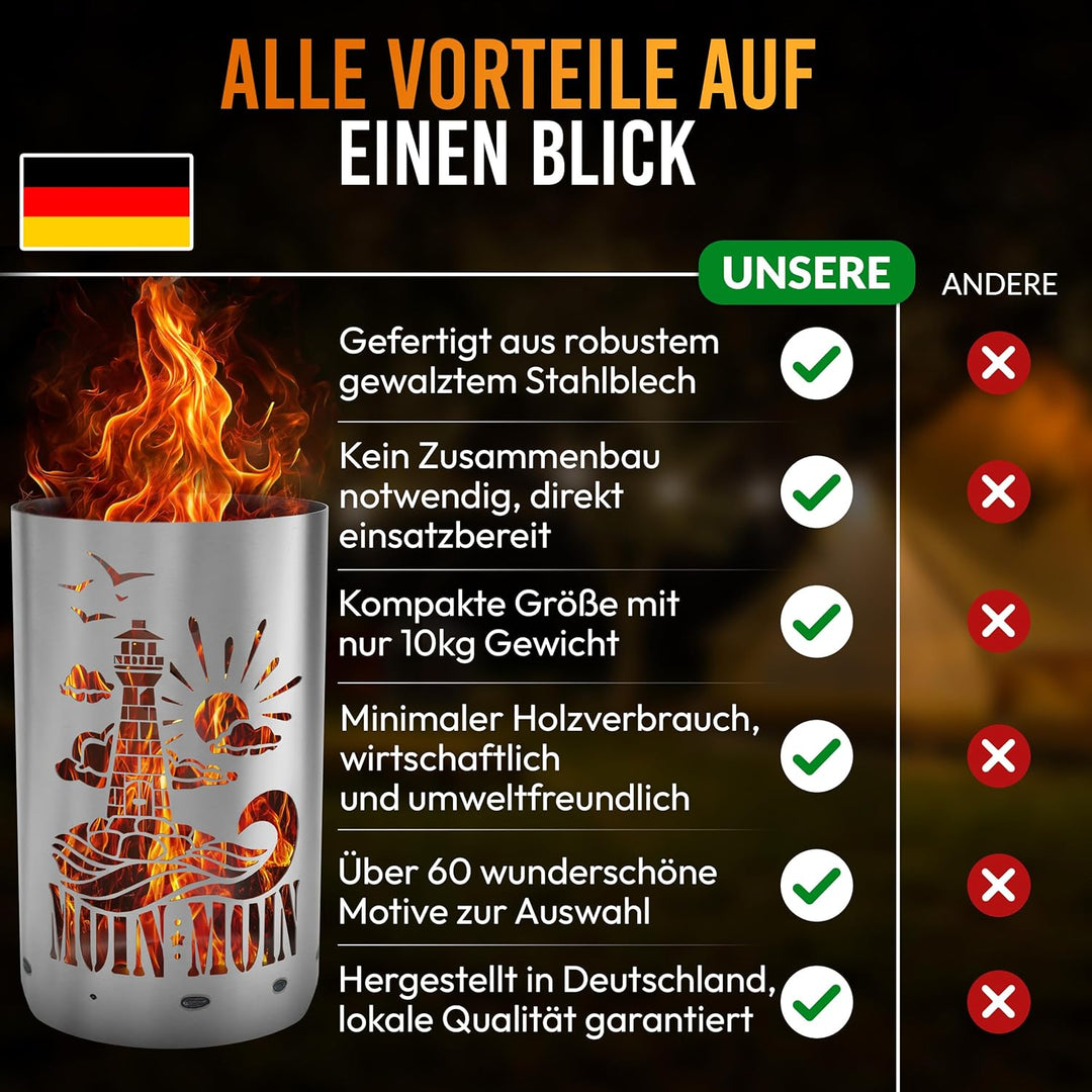 TiKo-Design® Feuertonne - Lagerfeuertonne - Feuerkorb mit Leuchtturm Moin Moin Motiv – Verleihen Sie