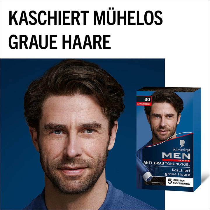 Schwarzkopf Men Perfect Anti-Grau Tönungs-Gel 80 Schwarzbraun (80 ml), Haarfarbe für Männer blendet