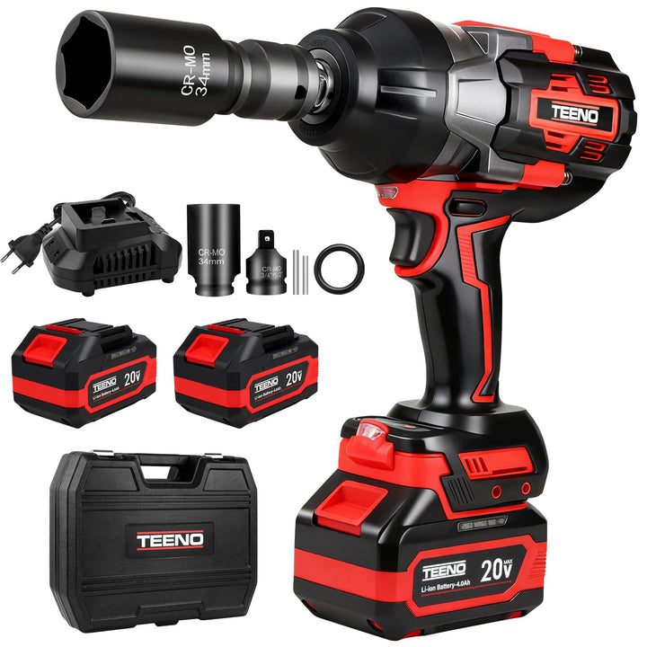 TEENO 3/4 Zoll Akku-Schlagschrauber Brushless, 1600 N·m Drehmoment, 2×4,0 Ah Akkus, Adapter 3/4" auf