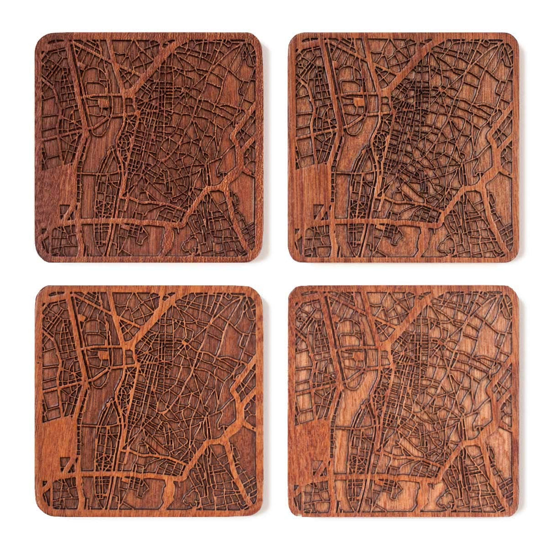 Kairo Untersetzer mit Landkarte aus Sapeli-Holz, 4 Stück, mit Stadtkarte, mehrere Stadt optional, ha
