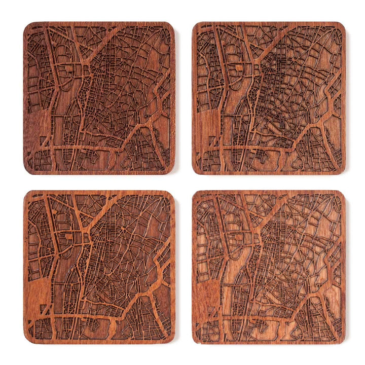 Kairo Untersetzer mit Landkarte aus Sapeli-Holz, 4 Stück, mit Stadtkarte, mehrere Stadt optional, ha