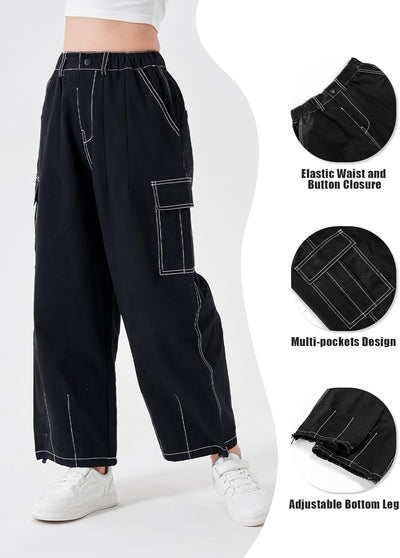 Rolanko Mädchen Cargohose, Baumwoll Baggy Hose mit Elastischer Taille und Mehreren Taschen für Kinde