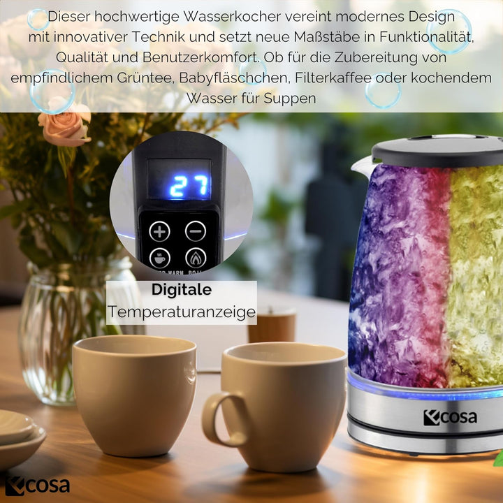 Ecosa® Wasserkocher mit temperatureinstellung Glas Edelstahl - 1,8 Liter 2.200 Watt - BPA Frei mit T