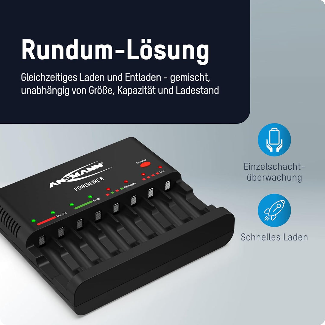 ANSMANN Akku-Ladegerät zum Laden & Entladen von 8X AA/AAA NiMH Akkus - 8-Fach Batterieladegerät mit