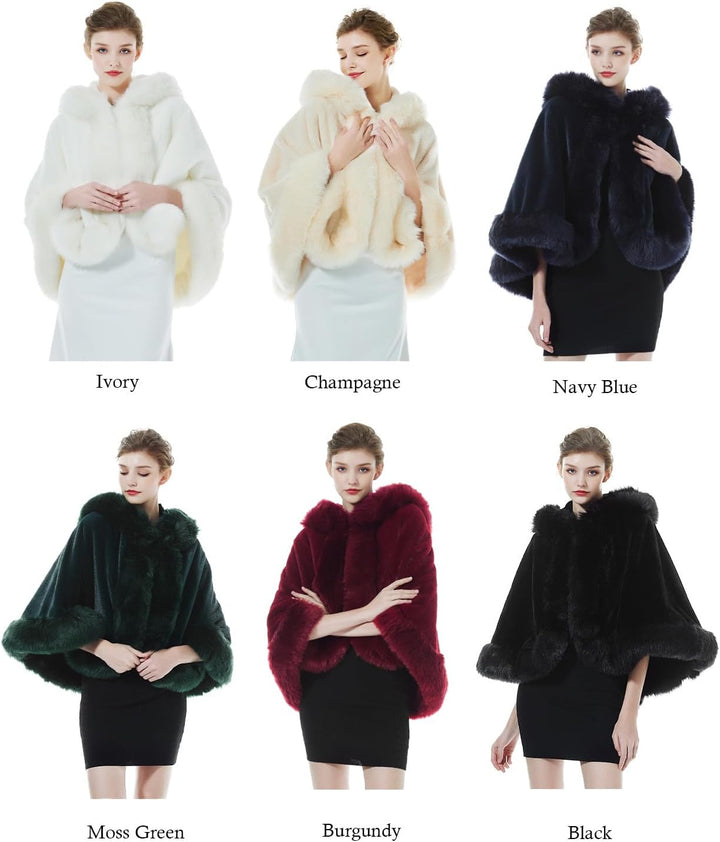 BEAUTELICATE Damen Kunstpelz Braut Umhang mit Kapuze Winter Braut Poncho Cape Kurz Warm Kunstpelz St