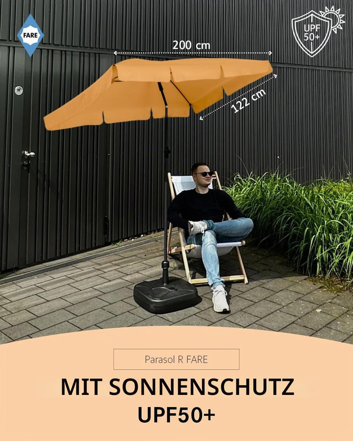FARE Sonnenschirm Grösse L rechteckig - 200 cm Durchmesser - UV-Schutz 50+ für Balkon Garten Terrass