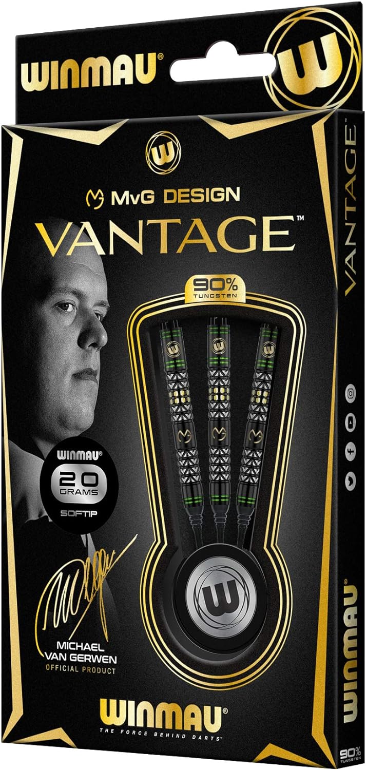 WINMAU Michael Van Gerwen MvG Vantage Tungsten Softip Darts Set 18 Gram with Prism Flights and Vecta