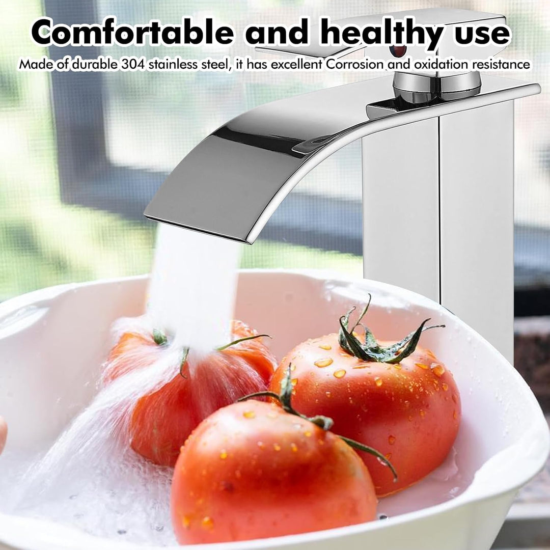 Touch-On Wasserhahn Bad Silber - Wasserfall Waschtischarmatur mit Einhebelmischer | 60cm Edelstahlsc