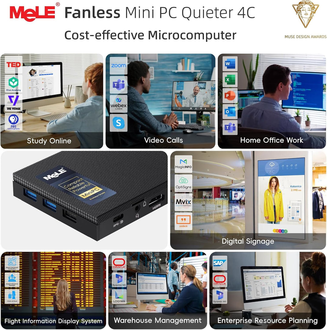 MeLE Mini PC Quieter 4C lüfterloser PC, N100 8GB RAM 128GB ROM, Win11 Pro, Vollfunktionsfähiges USB-
