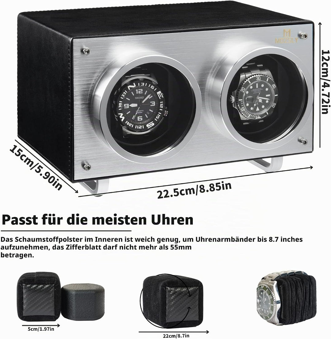 MOZSLY Doppel Uhrenbeweger für Automatik-Uhren mit leisem Motor 12 Rotationsmodi Einstellung Leder S