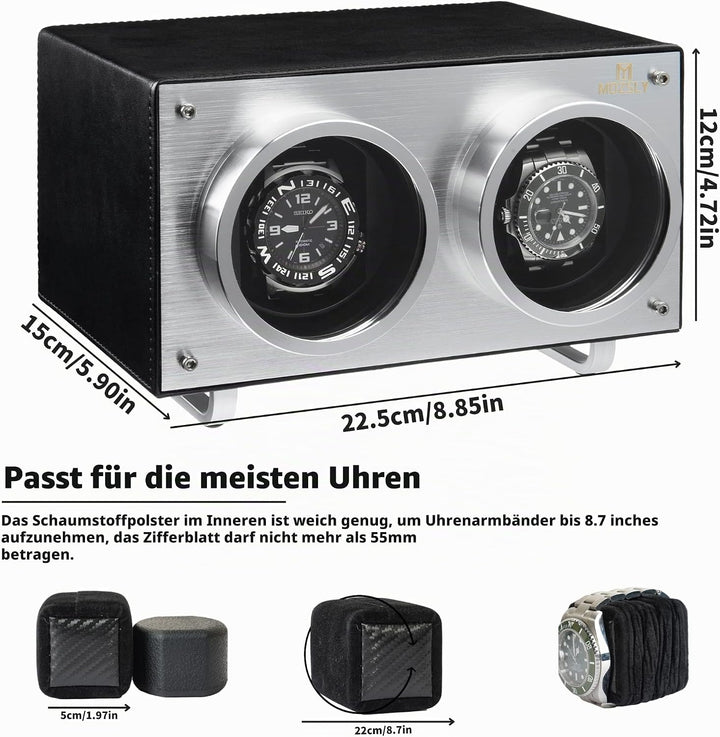 MOZSLY Doppel Uhrenbeweger für Automatik-Uhren mit leisem Motor 12 Rotationsmodi Einstellung Leder S